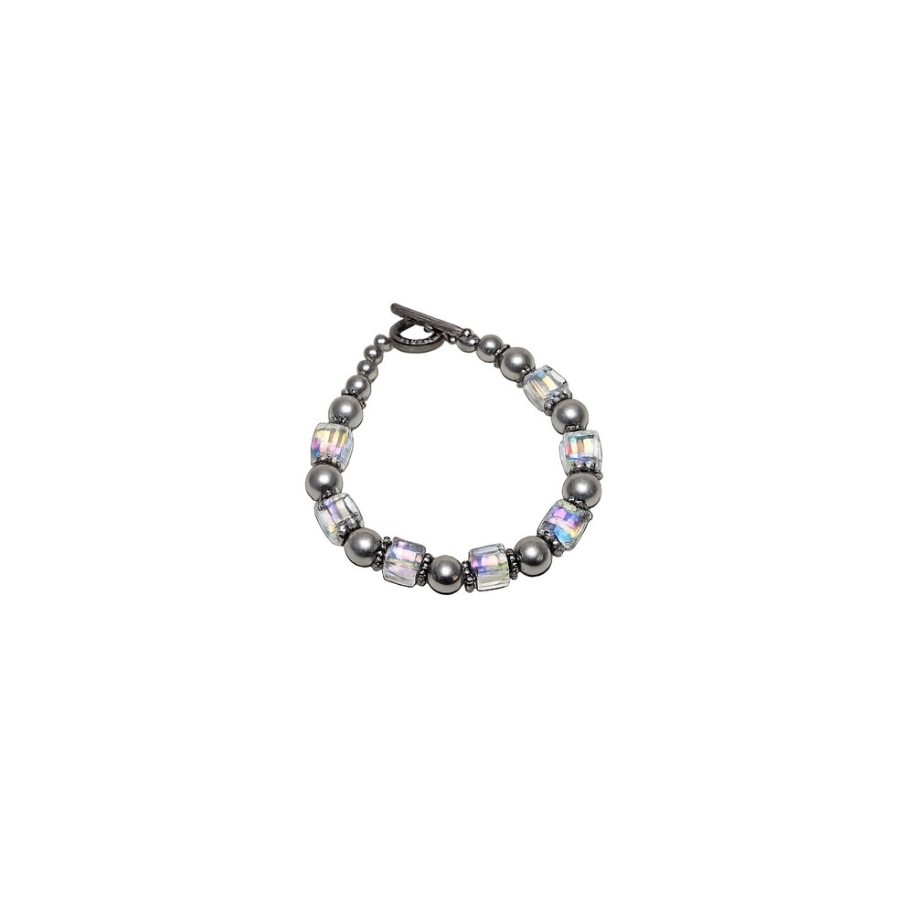 Silver Tone Iridescent Crystal Bead Bracelet Toggle Clasp Sparkly Cube AB